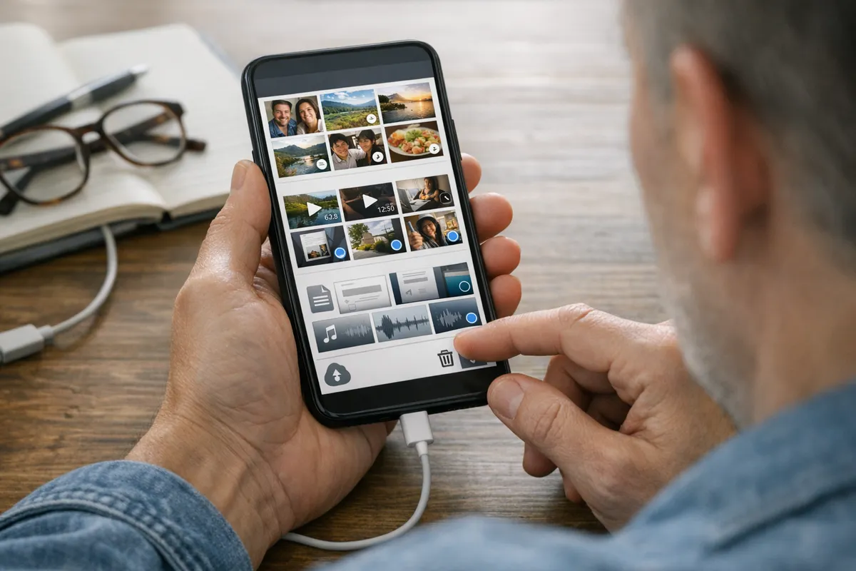 Mani che usano uno smartphone con griglia di foto e file e icona del cestino, su tavolo con occhiali e taccuino