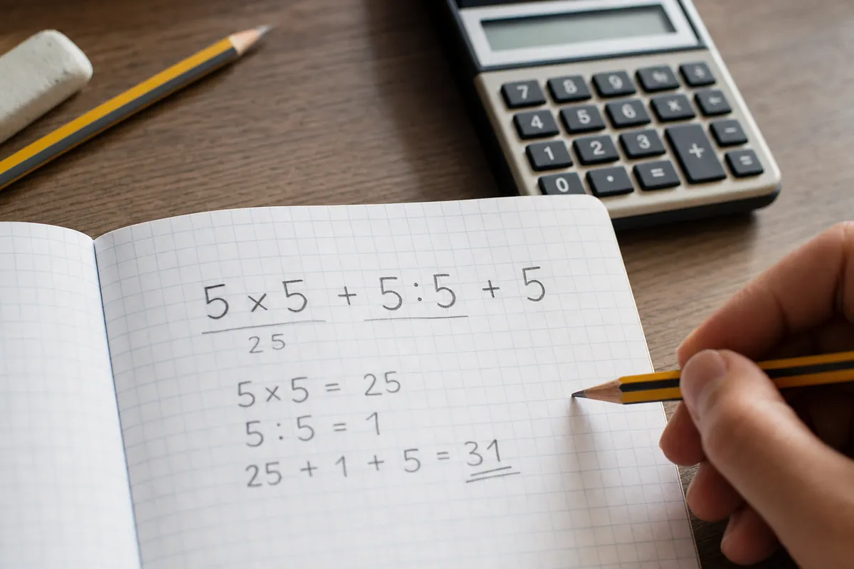 Quaderno a quadretti con l’espressione 5×5+5:5+5 e il risultato 31, matita in mano e calcolatrice sul tavolo