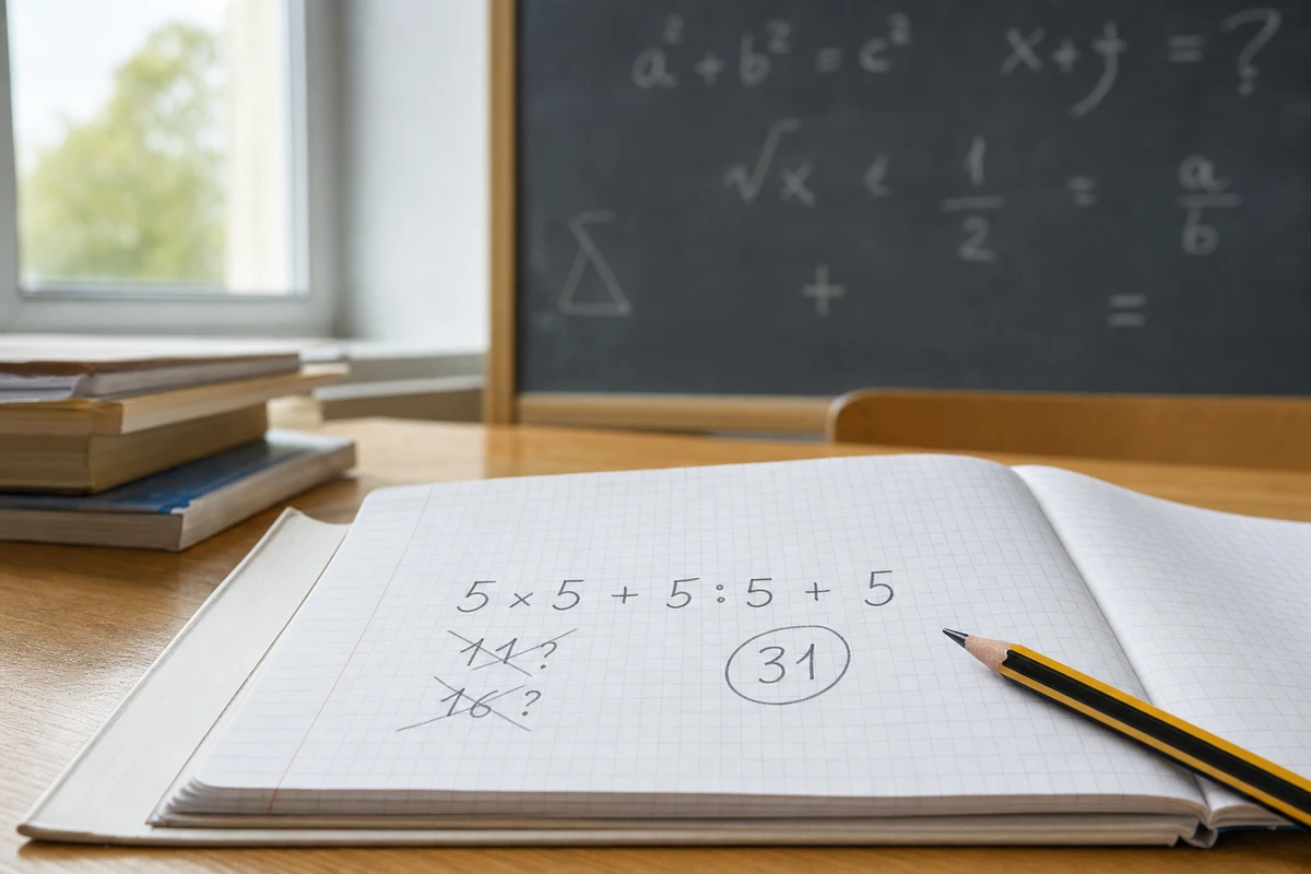 Quaderno a quadretti con l’espressione 5×5 + 5:5 + 5 e il risultato 31 cerchiato, con matita sul banco