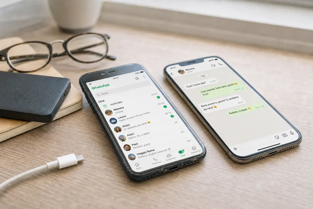 Due smartphone su una scrivania con WhatsApp aperto, accanto a occhiali e taccuino
