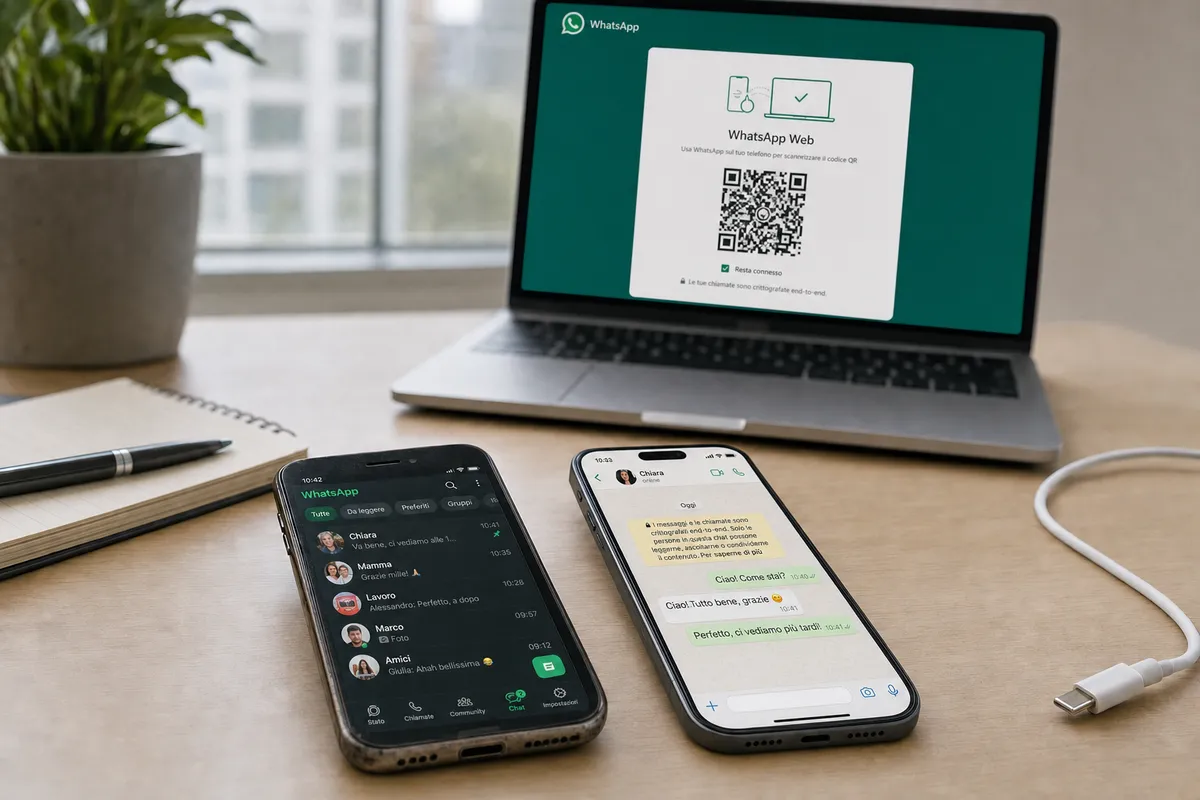 Laptop con WhatsApp Web e due smartphone con chat WhatsApp aperte su una scrivania, con cavo USB e taccuino