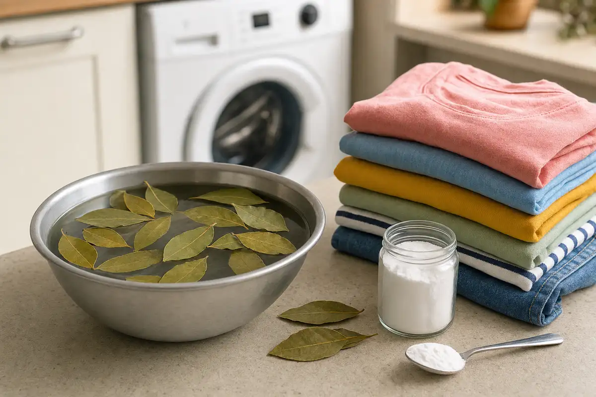 Bacinella con acqua e foglie di alloro, accanto a vestiti piegati e bicarbonato, con lavatrice sullo sfondo