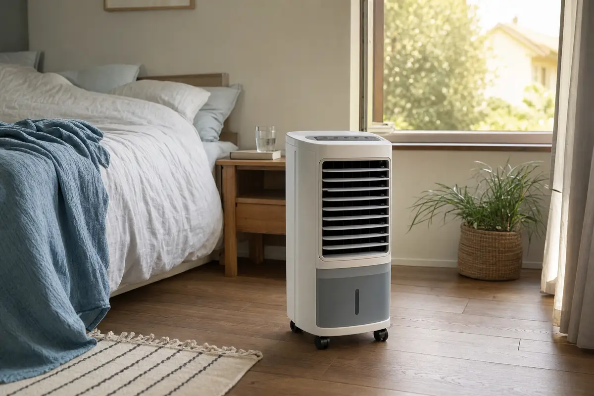 Raffrescatore portatile bianco su ruote accanto al letto in una camera da letto luminosa con finestra aperta