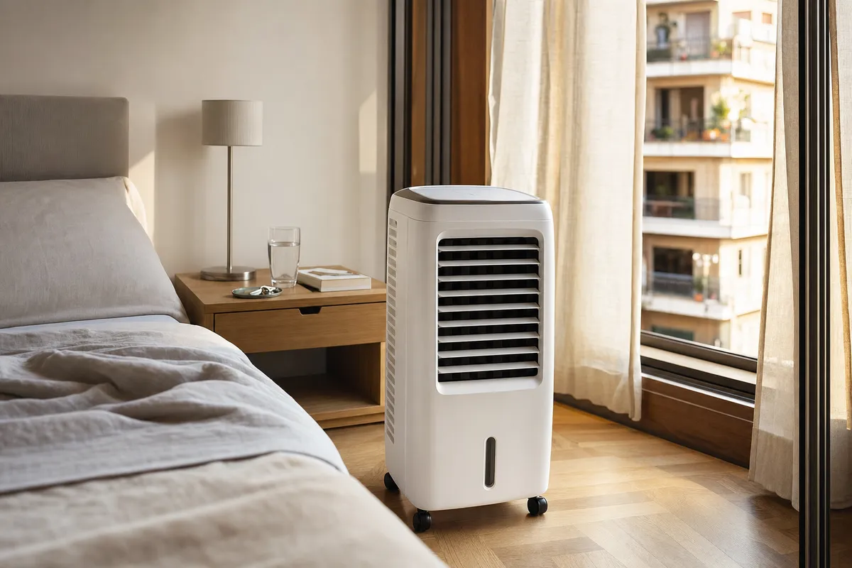 Raffrescatore portatile bianco su ruote in camera da letto, vicino al letto e alla finestra con tende leggere