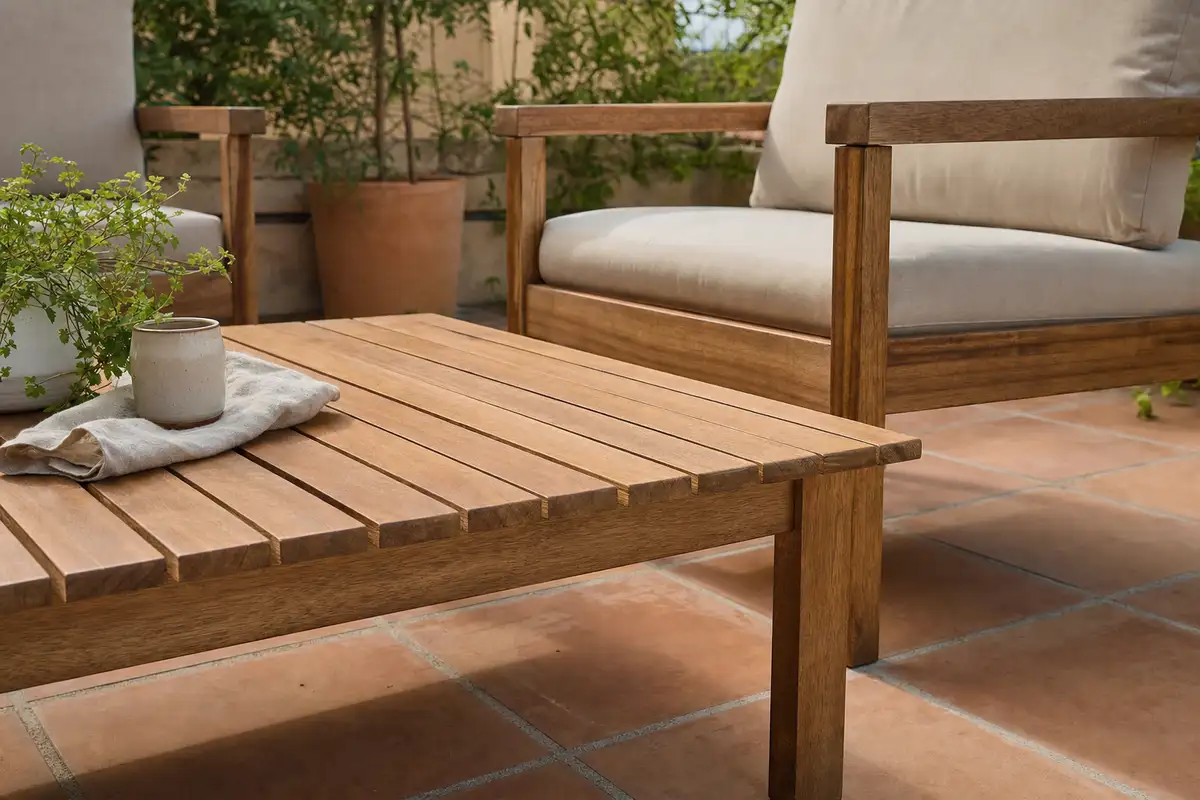Tavolino da esterno in legno con tazza e telo, davanti a poltrone con cuscini chiari su terrazza con piante
