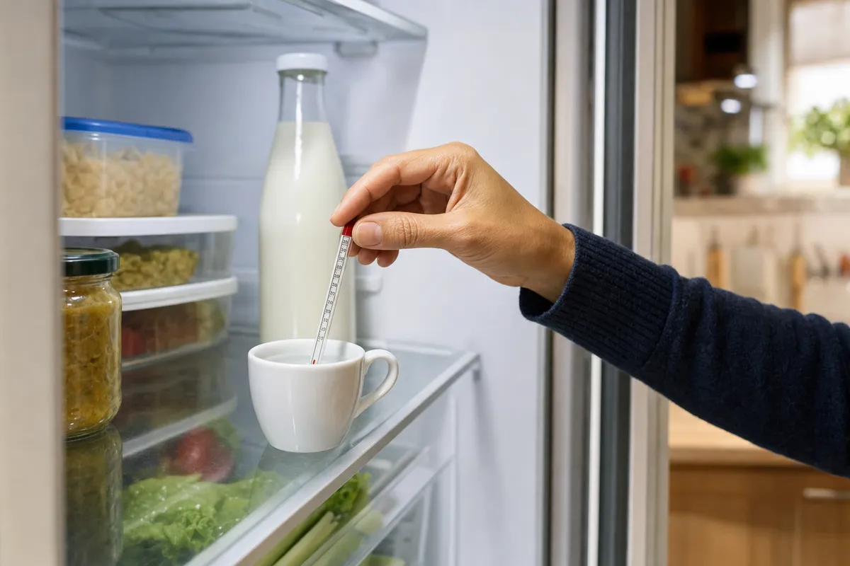 Mano che immerge un termometro in una tazzina d’acqua sul ripiano del frigo aperto