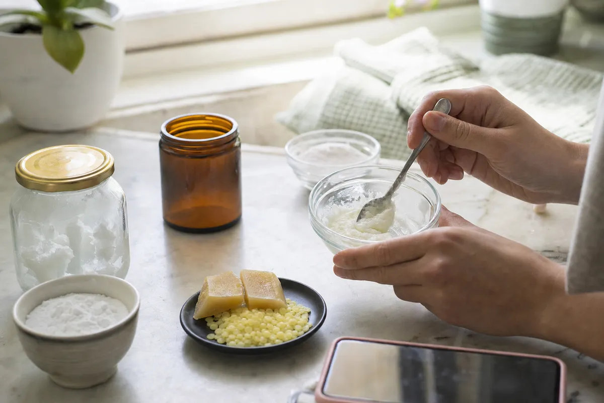 Mani che mescolano una crema in una ciotola di vetro, con polveri bianche, cera e barattoli su un piano vicino a una finestra