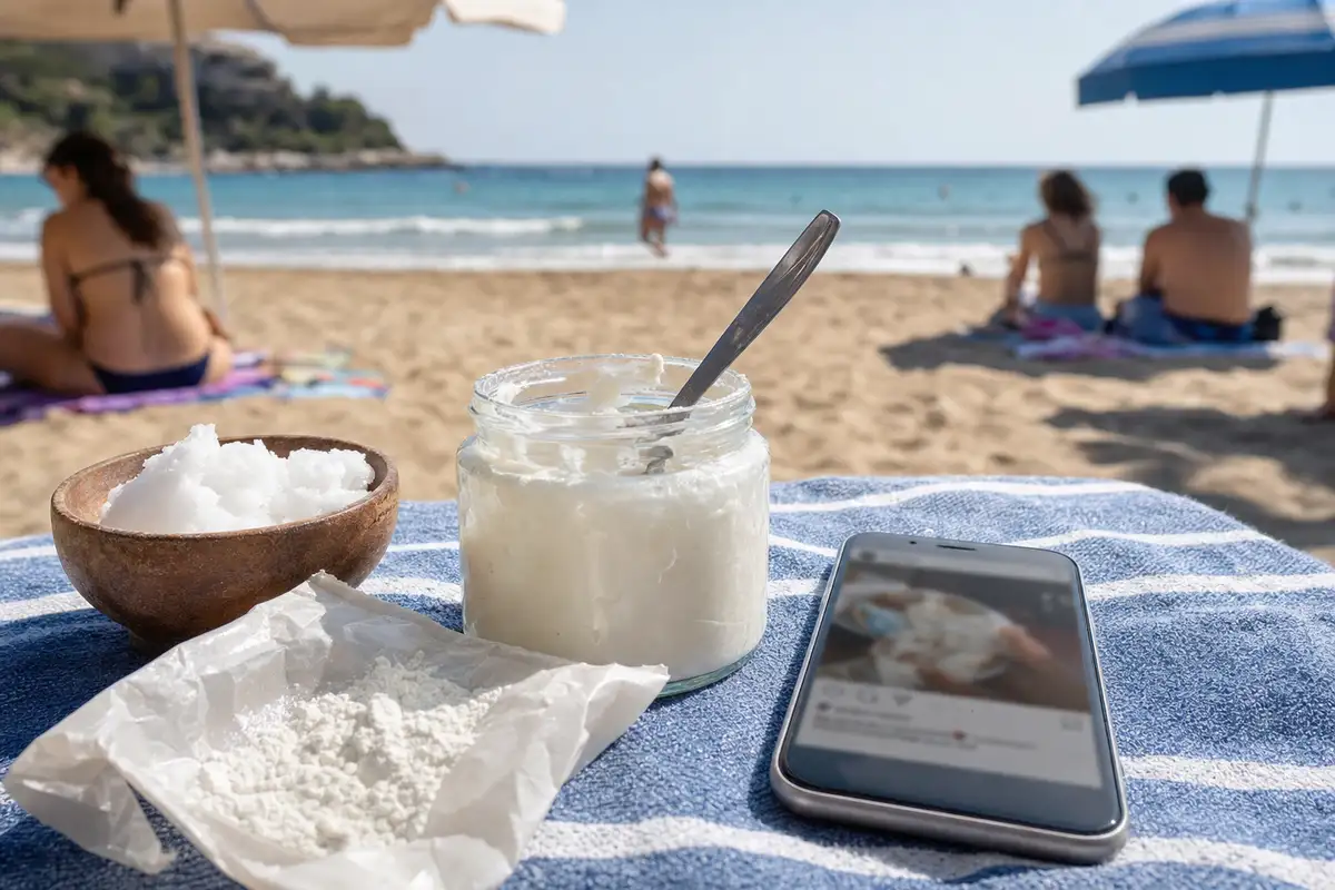 Barattolo di crema bianca con cucchiaio, polvere e smartphone su asciugamano in spiaggia, mare sullo sfondo