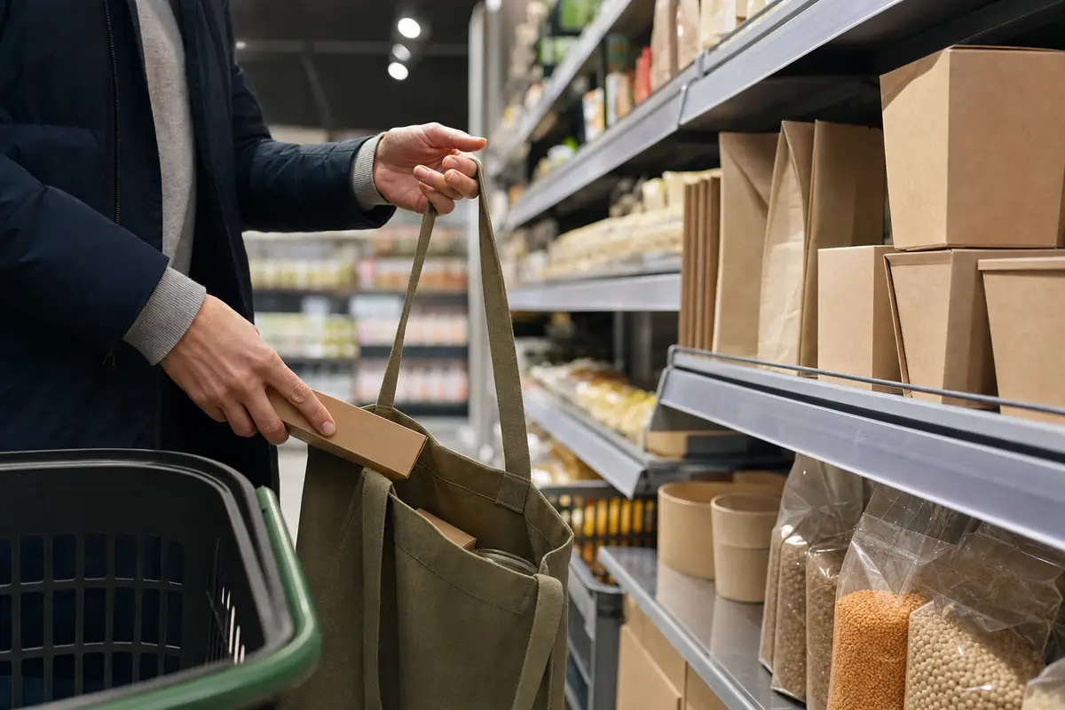 Mani di un cliente mettono una piccola confezione in cartone in una borsa riutilizzabile in un supermercato