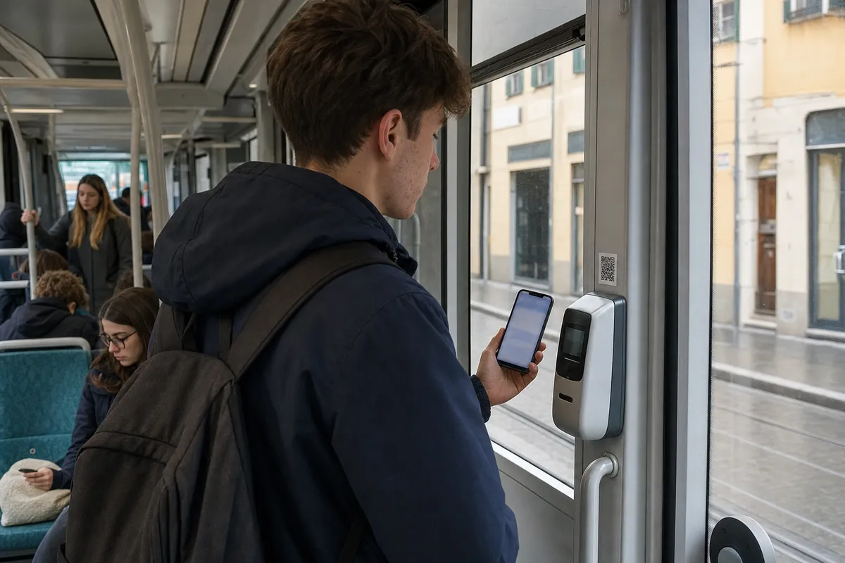 Passeggero su tram con smartphone vicino al validatore e QR code, altri viaggiatori seduti sullo sfondo