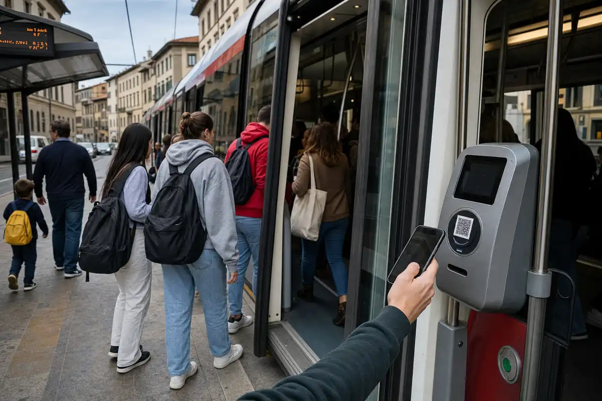 Persone in fila salgono su un tram; in primo piano uno smartphone scansiona un QR code sul validatore