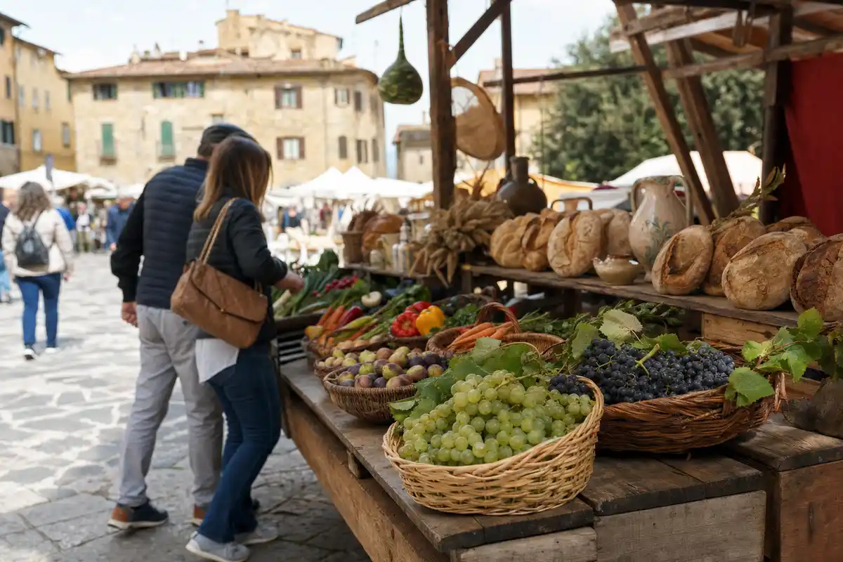 Bancarella in piazza con pane, uva, fichi e verdure; due visitatori curiosano tra i prodotti