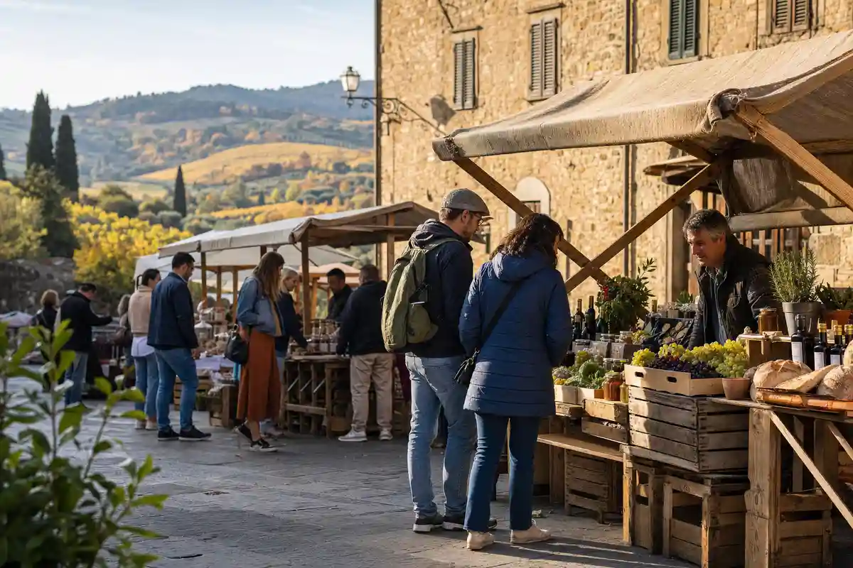 Mercatino in piazza con bancarelle di pane, uva e prodotti locali, persone che acquistano e colline toscane sullo sfondo