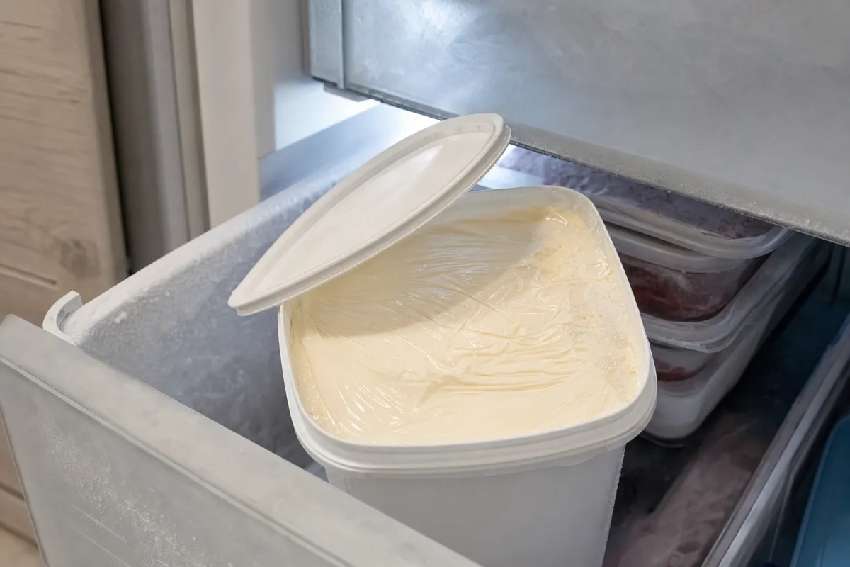 Vaschetta di gelato nel cassetto del freezer con pellicola trasparente a contatto e coperchio sollevato