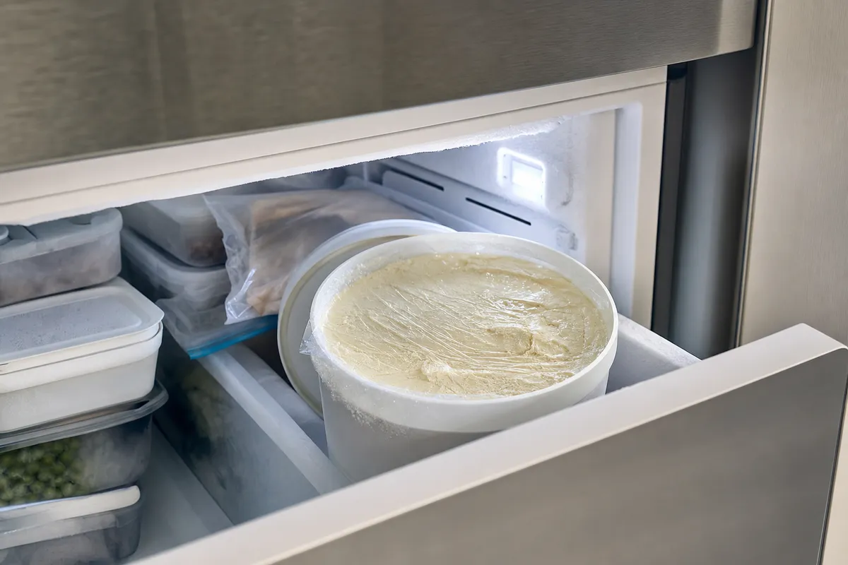 Vaschetta di gelato nel cassetto del freezer, coperta con pellicola trasparente per evitare cristalli di ghiaccio