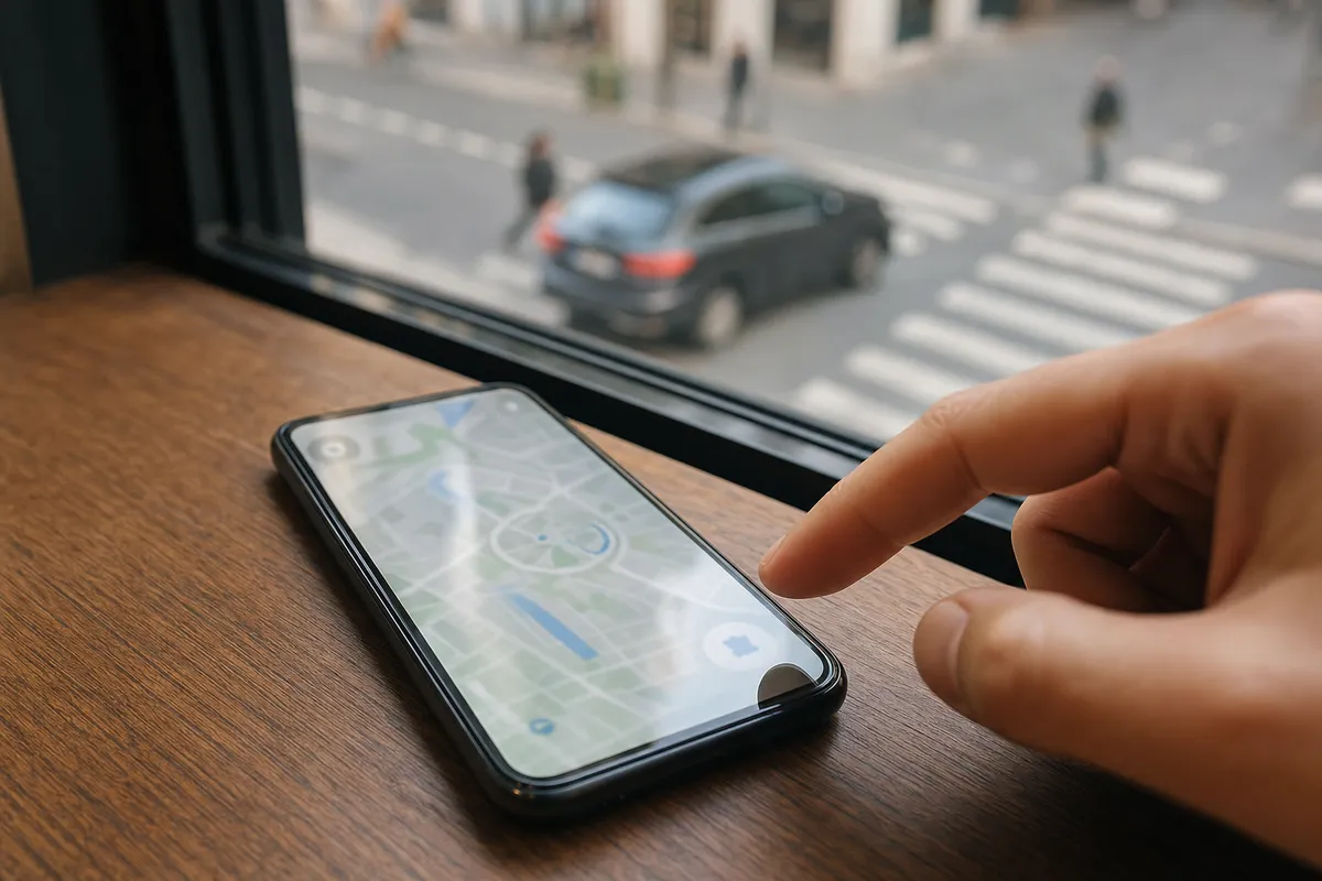 Smartphone su un tavolo vicino a una finestra con mappa sullo schermo e dito che sta per toccare
