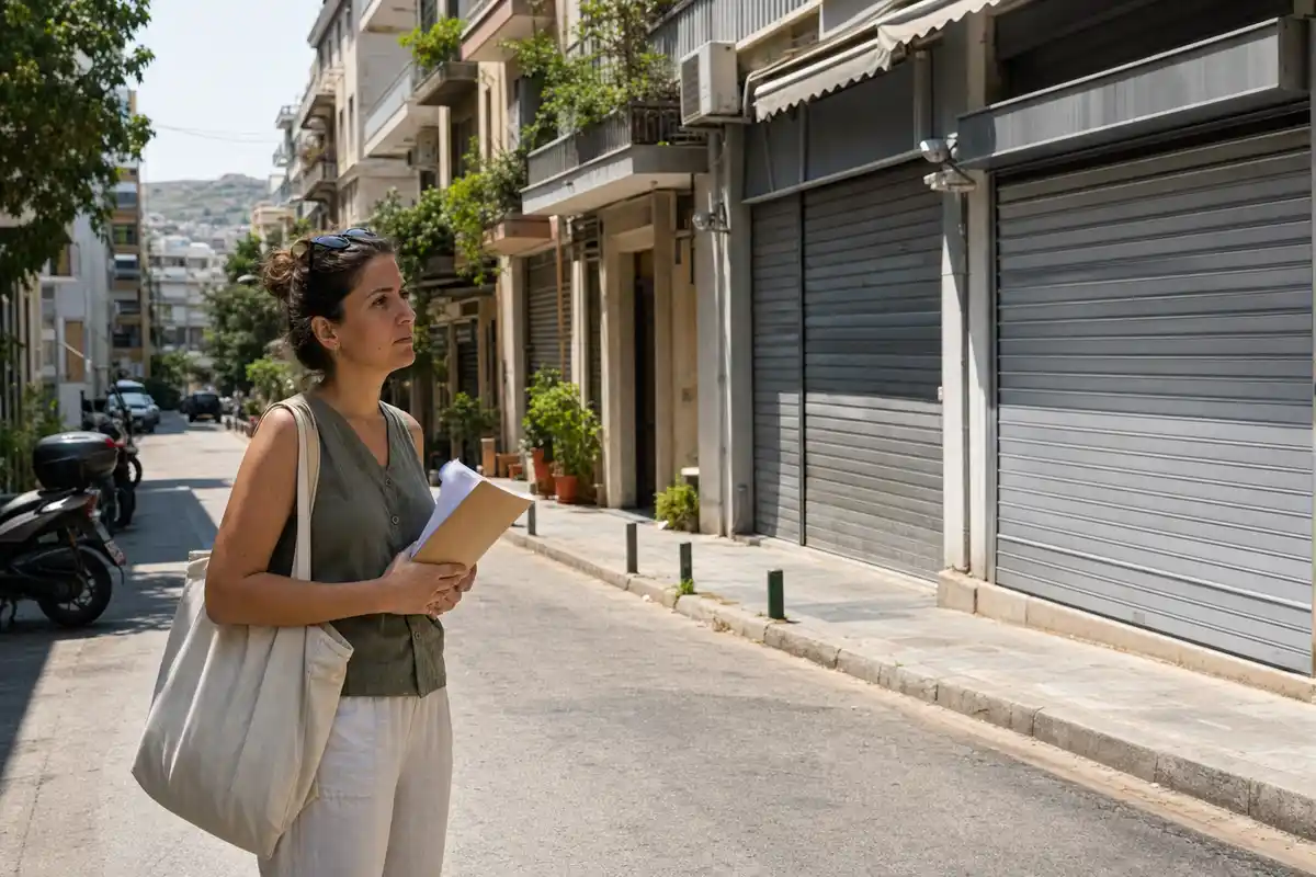 Donna con borsa di tela e documenti in una strada di Atene con negozi chiusi e saracinesche abbassate