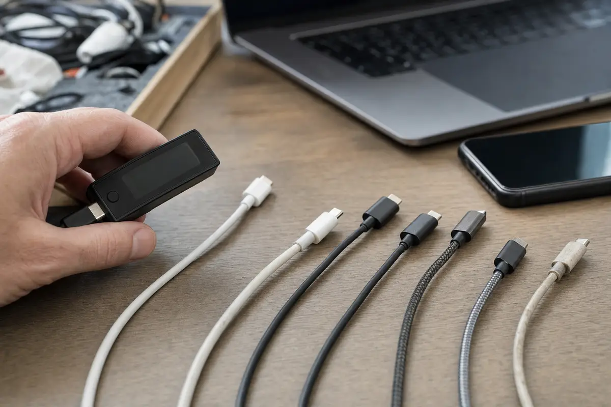 Cavi USB-C allineati su una scrivania, con una mano che tiene un tester e laptop e smartphone sullo sfondo