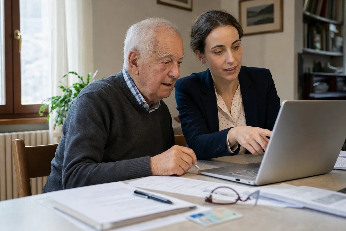 Anziano e operatrice al tavolo mentre compilano una pratica al laptop, con documenti e occhiali in primo piano