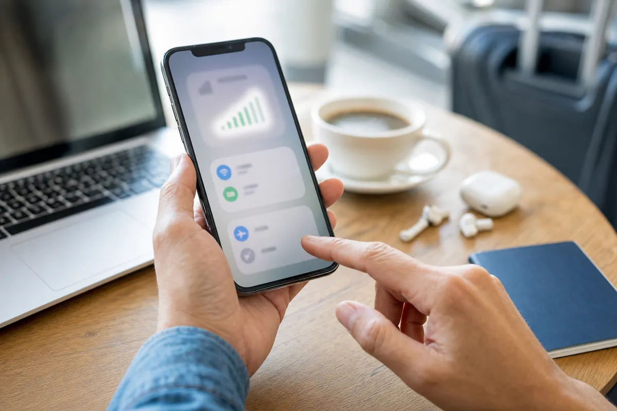 Mani che usano uno smartphone con schermata di connettività, su un tavolo con laptop, caffè e auricolari