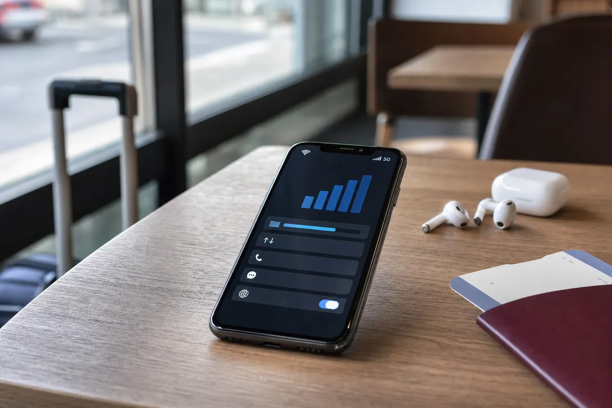 Smartphone su tavolo di caffè con icona 5G e barre di segnale, accanto a auricolari, passaporto e maniglia di trolley