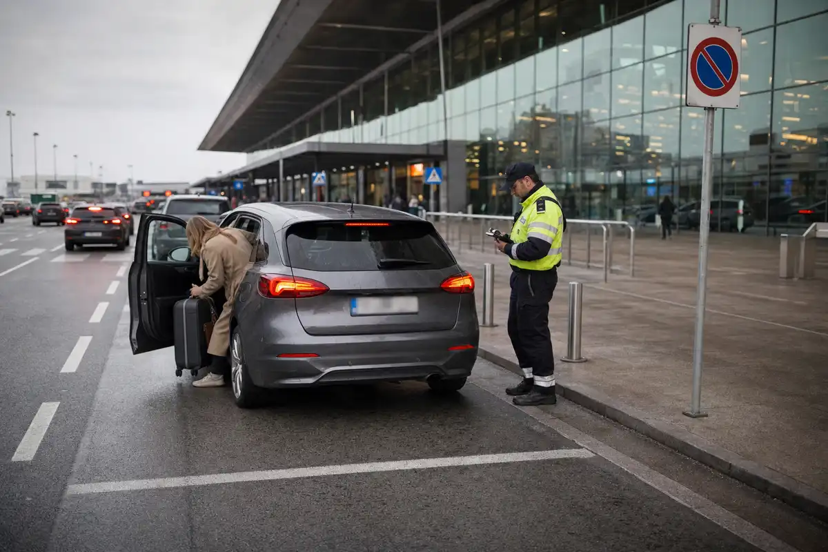 Auto ferma davanti al terminal con passeggera che scarica una valigia e addetto ai controlli con dispositivo in mano