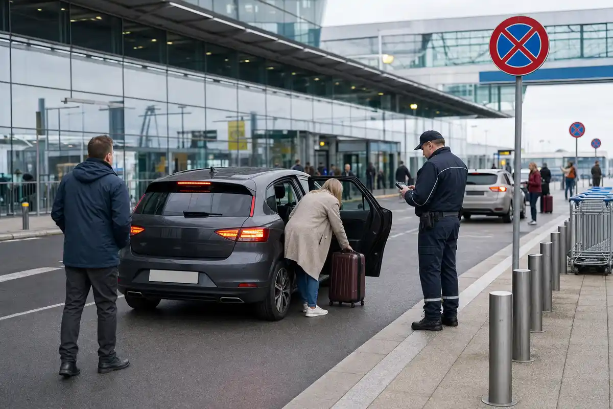 Controllo sosta davanti al terminal: auto ferma al curb, passeggera con valigia e addetto che verifica sul palmare