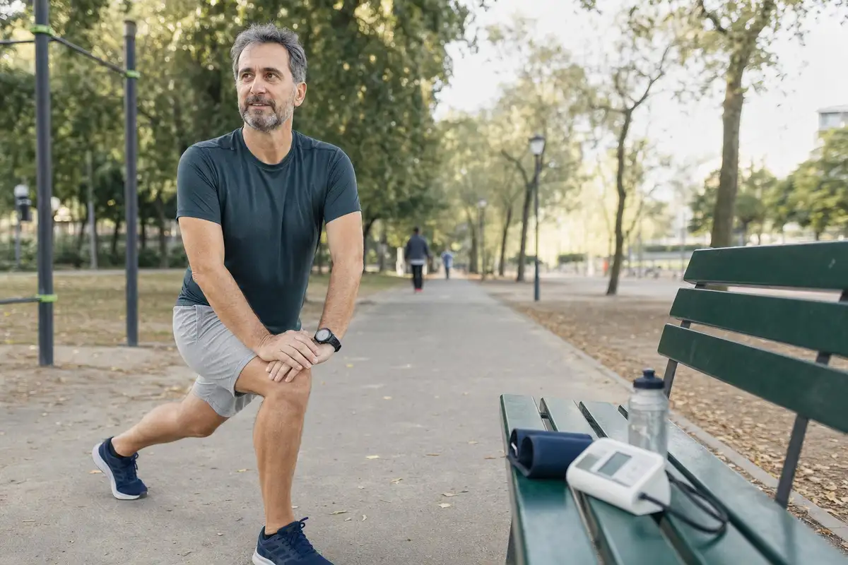 Uomo di mezza età fa stretching in un parco, con misuratore di pressione e borraccia su una panchina