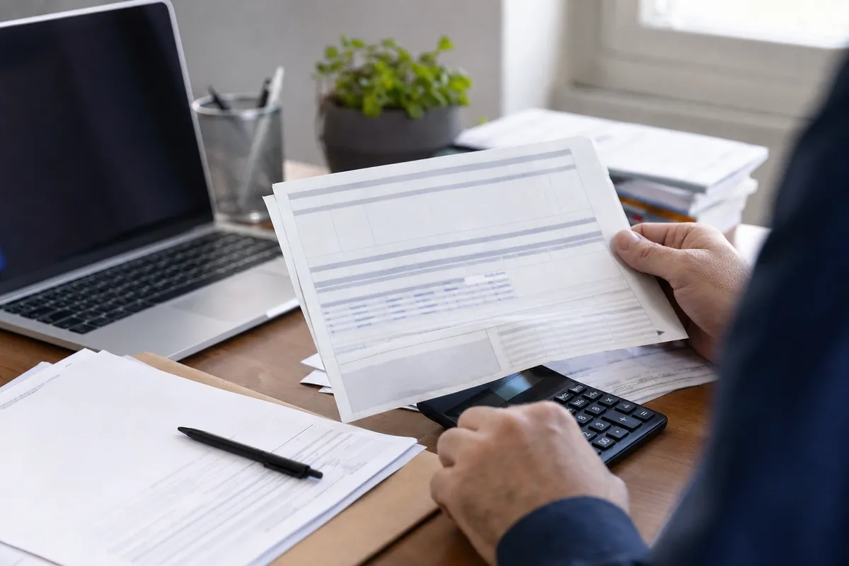 Mani che controllano un cedolino e calcolano importi con una calcolatrice su una scrivania con laptop