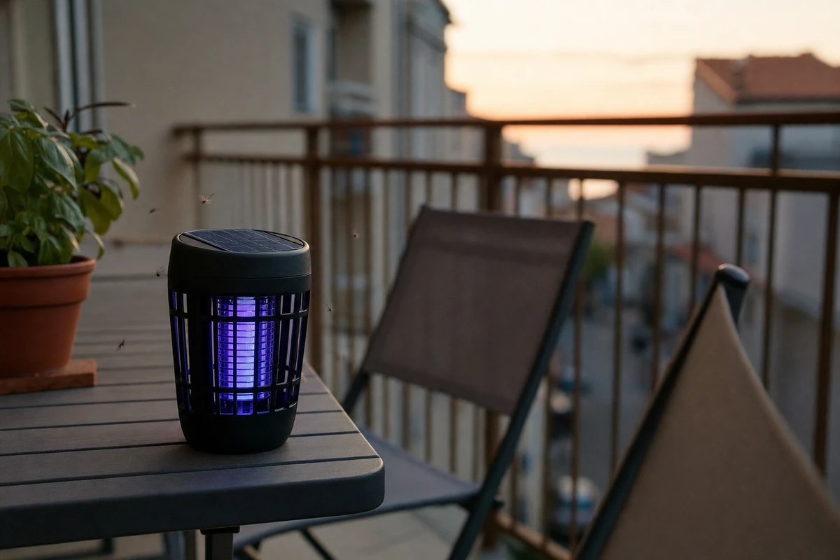 Lampada antizanzare solare con luce UV blu su tavolo da balcone al tramonto, con alcuni insetti in volo