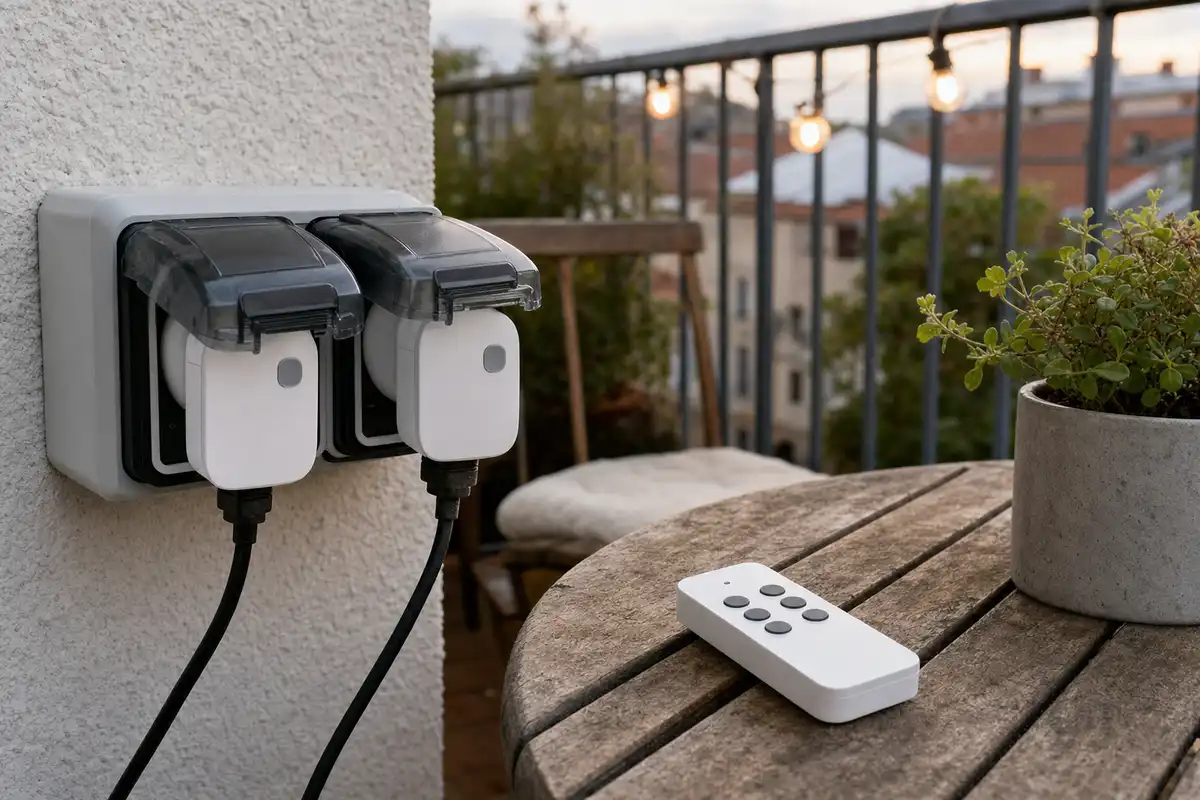 Due prese elettriche da esterno con coperchi antischizzo e telecomando su un tavolo in balcone