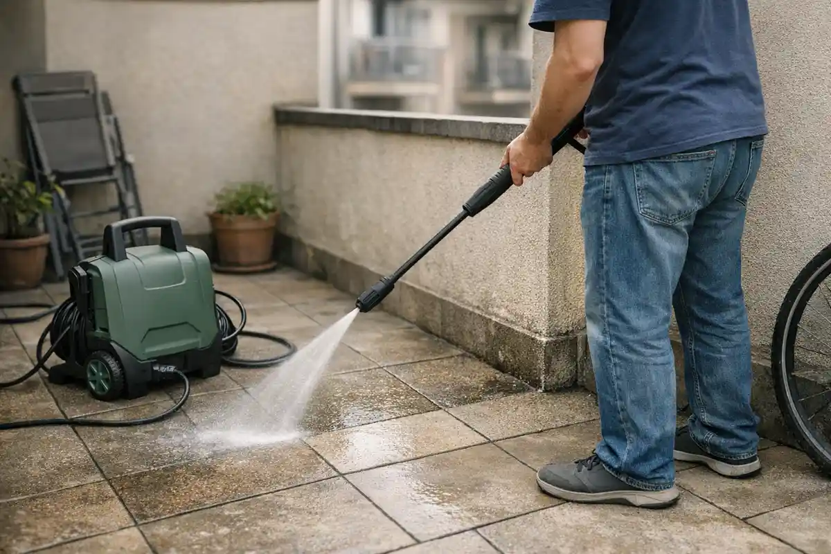 Persona che pulisce piastrelle di un terrazzo con un’idropulitrice compatta verde e lancia a spruzzo