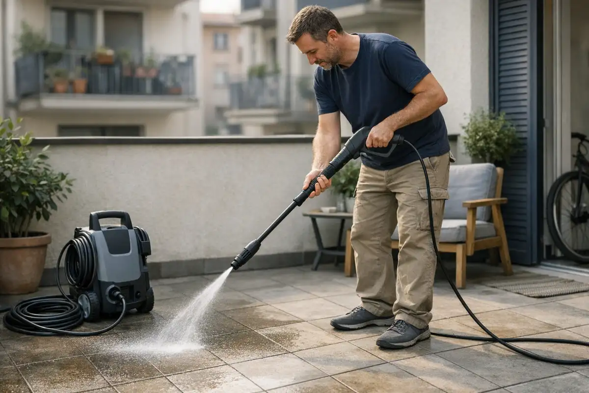 Uomo pulisce le piastrelle della terrazza con un’idropulitrice compatta su ruote e lancia a getto d’acqua