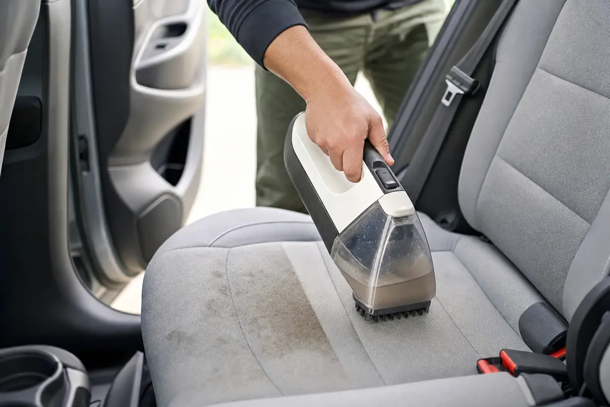 Aspiratore portatile per tappezzeria usato su un sedile auto in tessuto grigio, con una striscia pulita accanto a una macchia