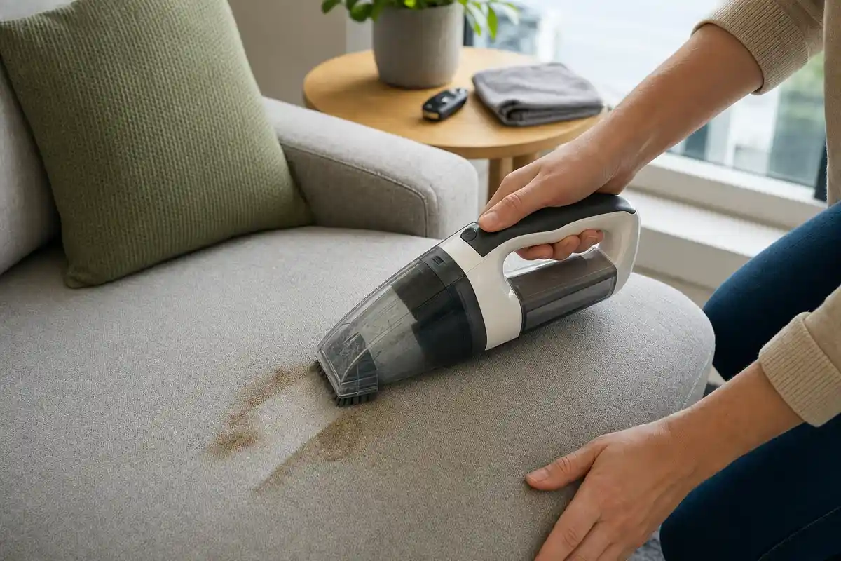 Aspiratore portatile usato su un divano grigio per rimuovere una macchia, con mani in primo piano