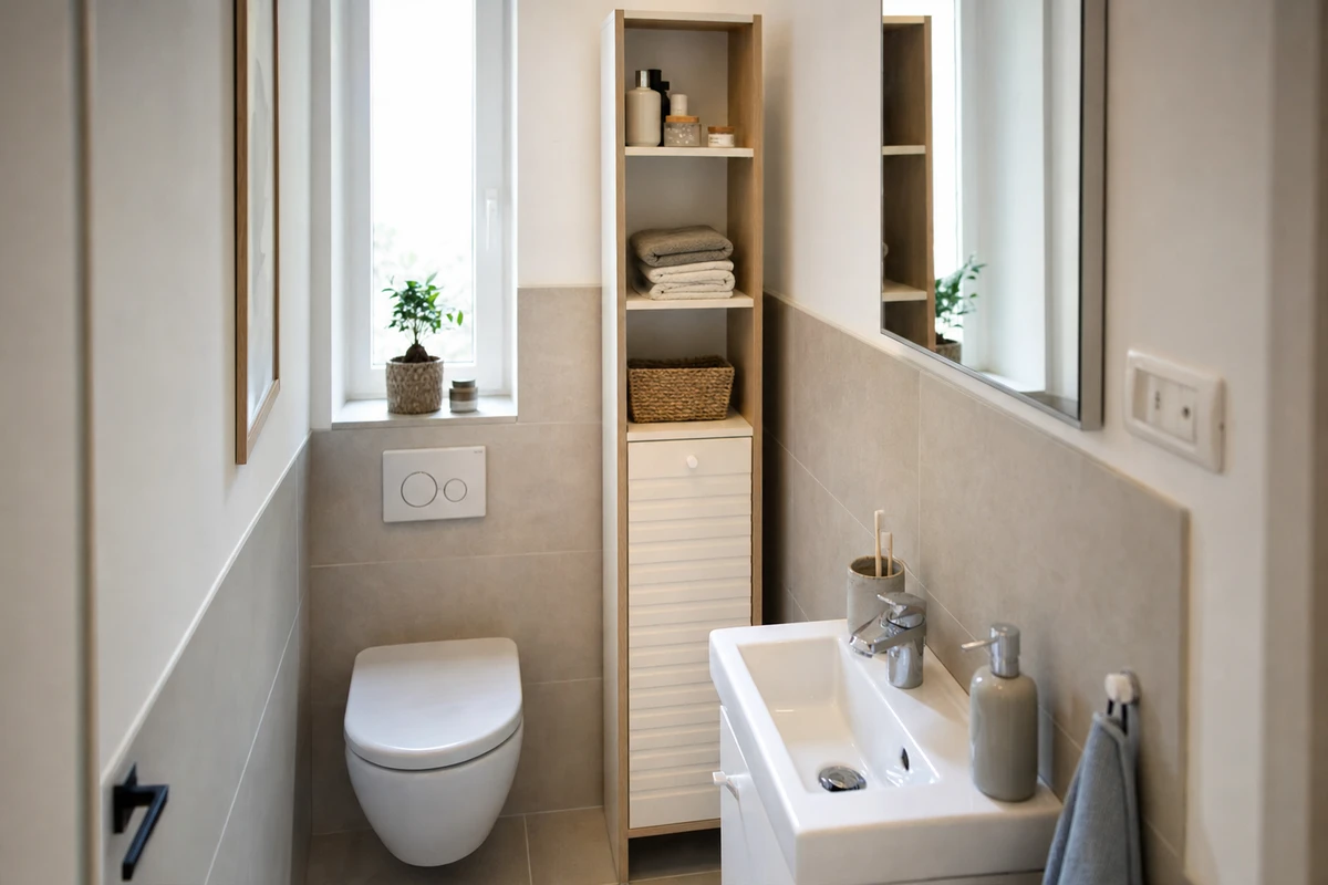 Bagno piccolo con mobile colonna alto e stretto accanto al lavabo, ripiani con asciugamani e cestino