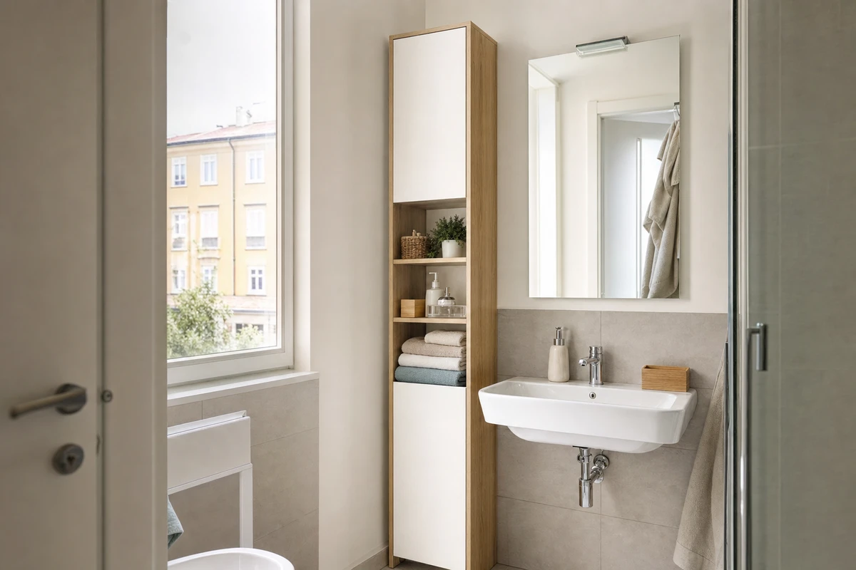 Bagno piccolo con lavabo a parete e armadio a colonna alto e stretto in legno chiaro e bianco, con ripiani e asciugamani