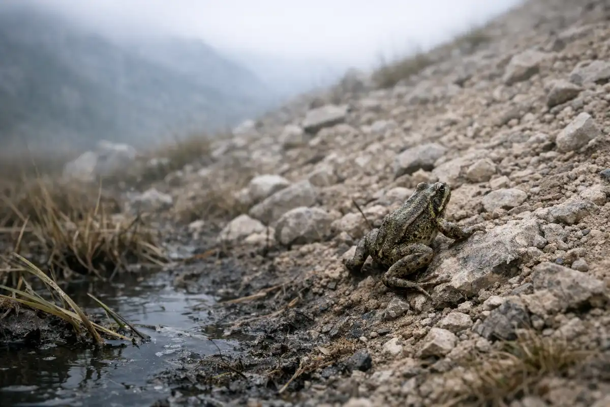 Rana su una roccia mentre esce da una pozza fangosa verso un pendio montano arido e ghiaioso