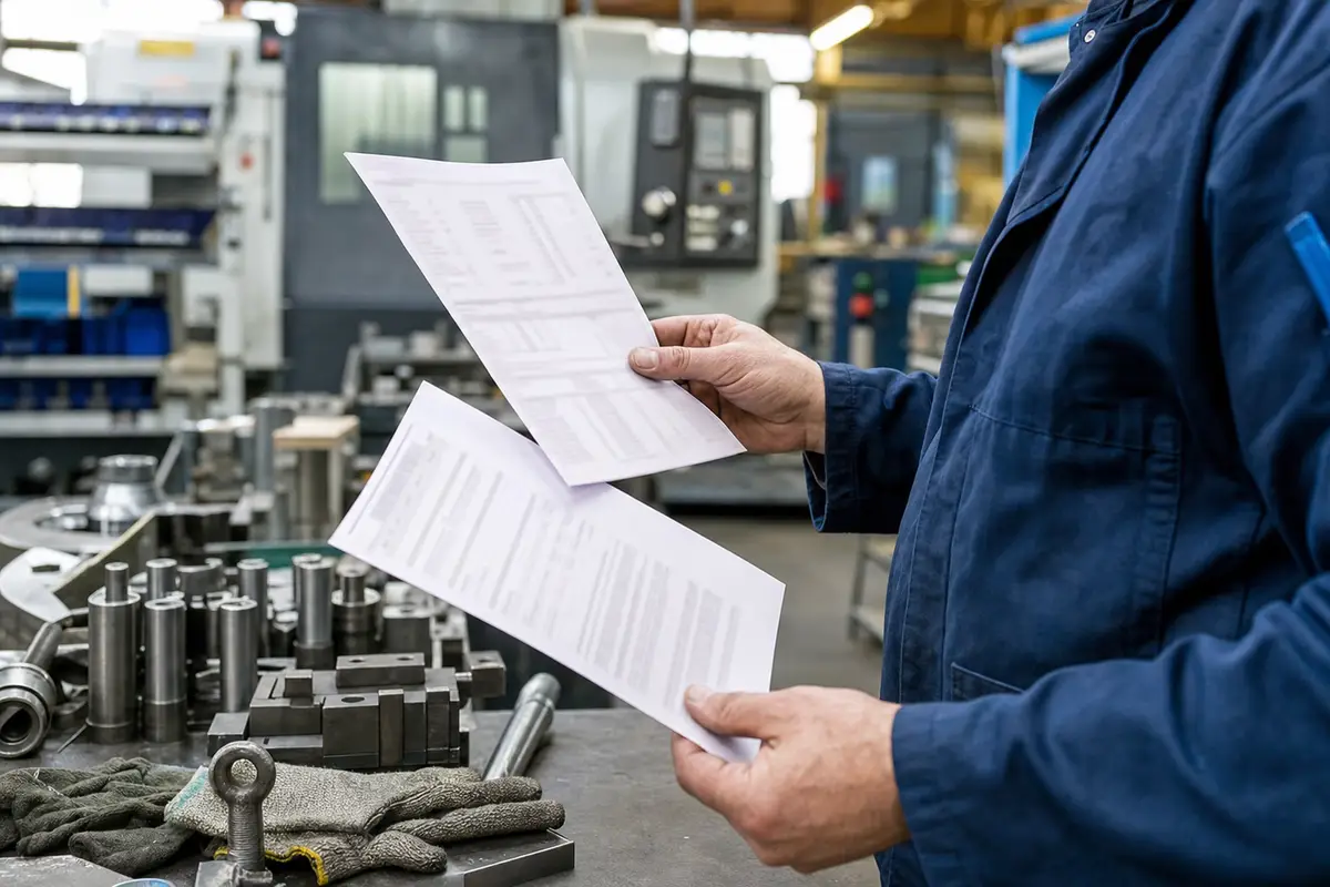 Operaio metalmeccanico in officina con tuta blu mentre controlla due fogli tipo busta paga e modulo