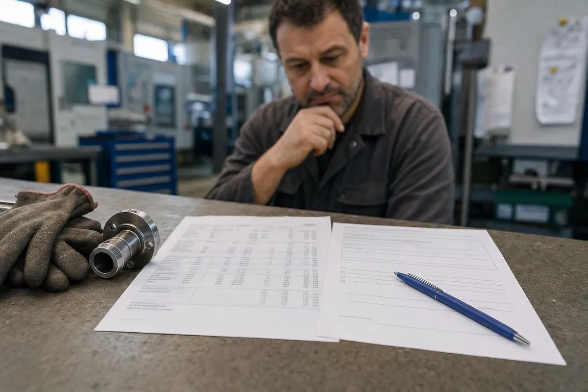 Busta paga e modulo su un banco in officina, con penna blu e guanti, operaio sullo sfondo pensieroso