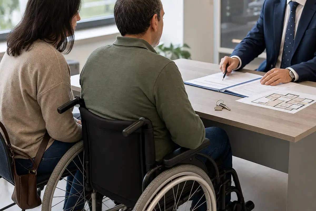 Persona in sedia a rotelle e caregiver in banca mentre un consulente indica documenti di mutuo e planimetria con chiavi sul