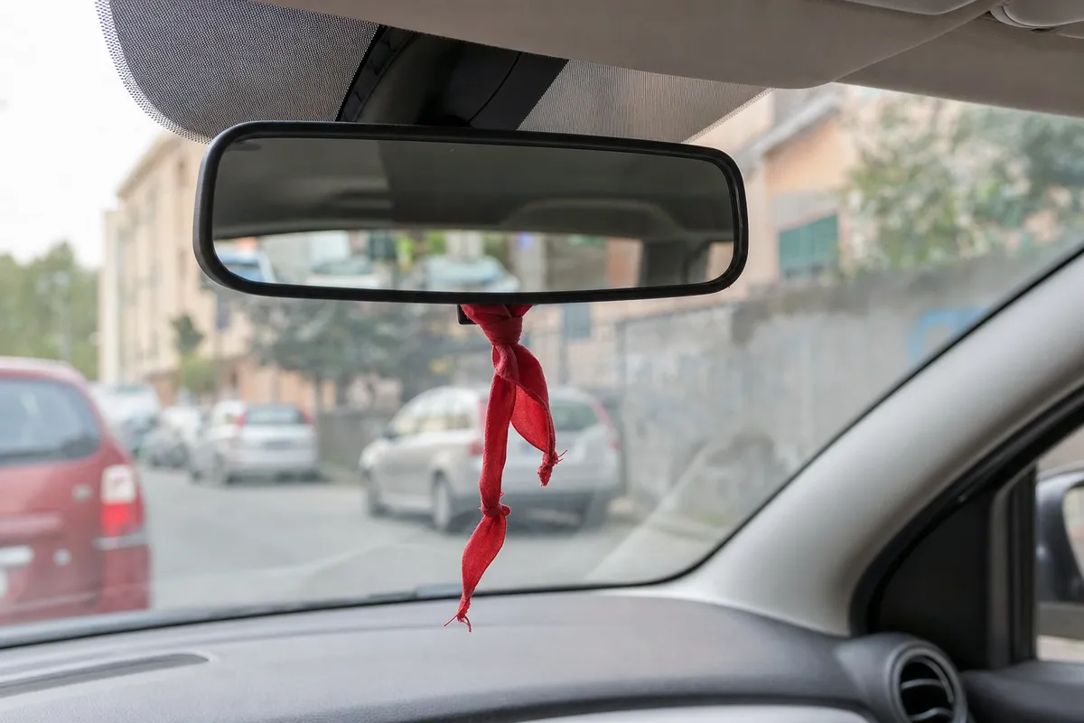 Nastro rosso annodato alla base dello specchietto retrovisore, con strada urbana sfocata oltre il parabrezza