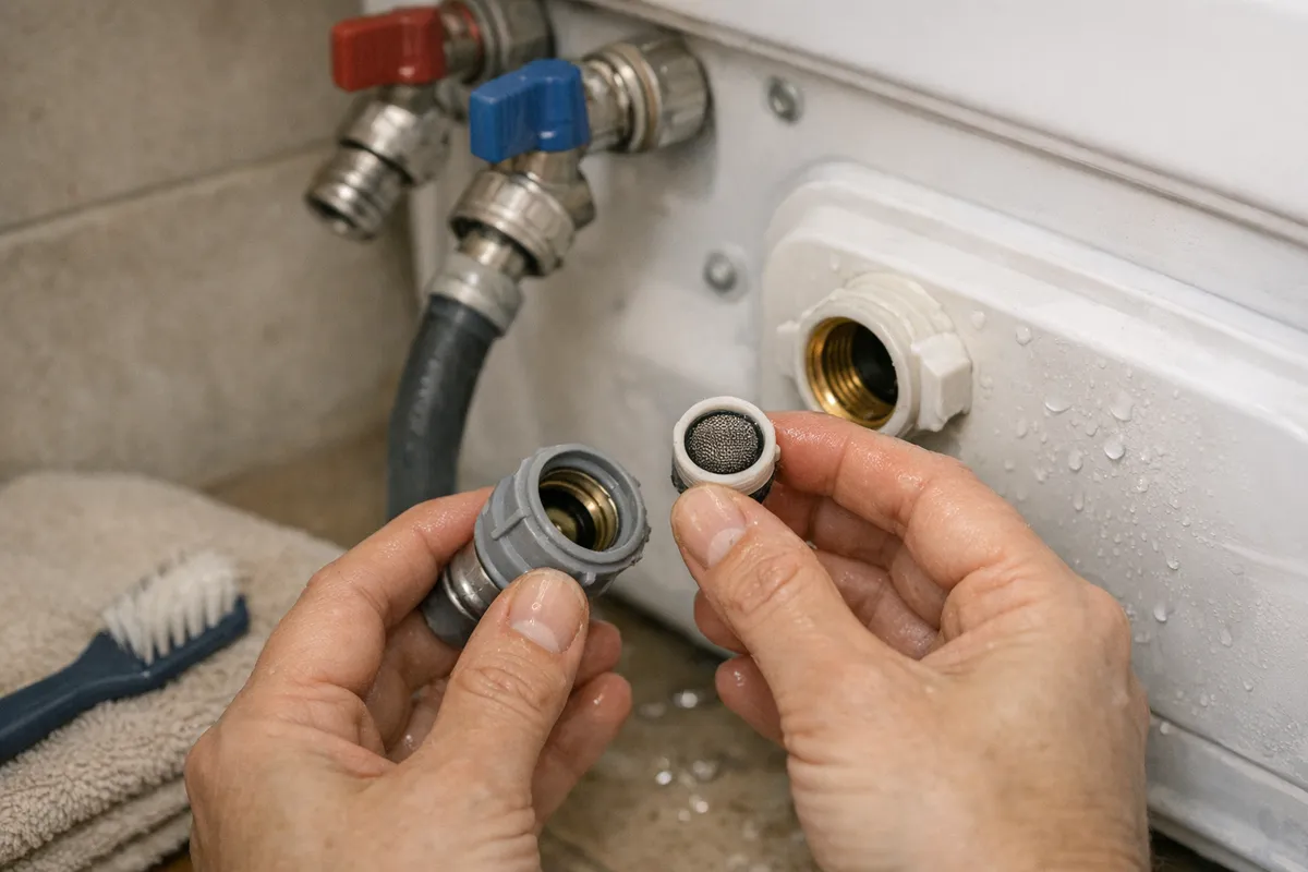 Mani che estraggono e mostrano il filtro a retina dell’ingresso acqua della lavatrice, con tubo scollegato e valvole chiuse