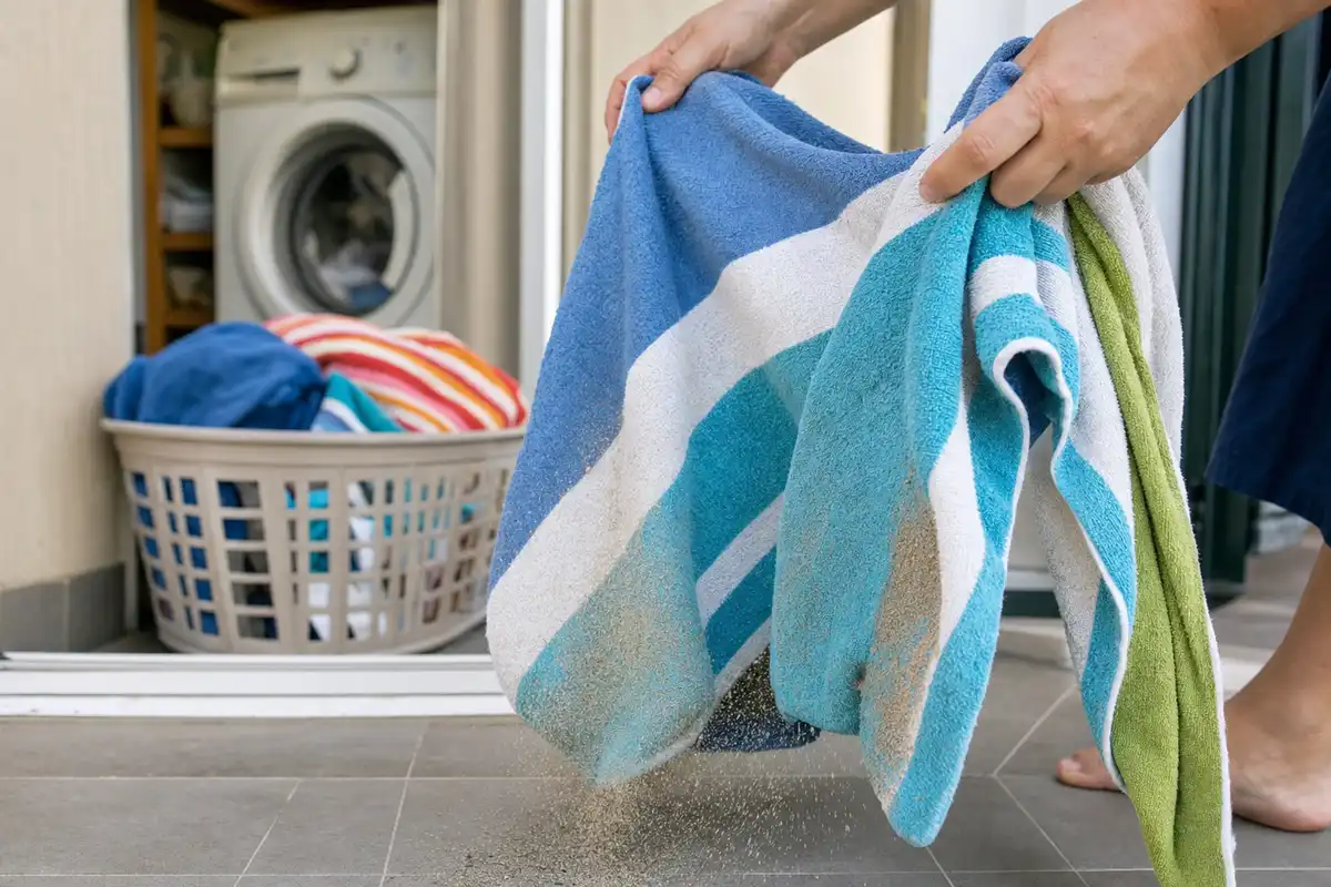 Mani che scuotono un telo da mare a righe facendo cadere sabbia sul pavimento, con lavatrice e cesto sullo sfondo