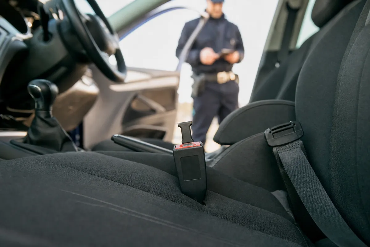 Fibbia della cintura con inserto finto sul sedile anteriore, con agente di polizia stradale sfocato sullo sfondo