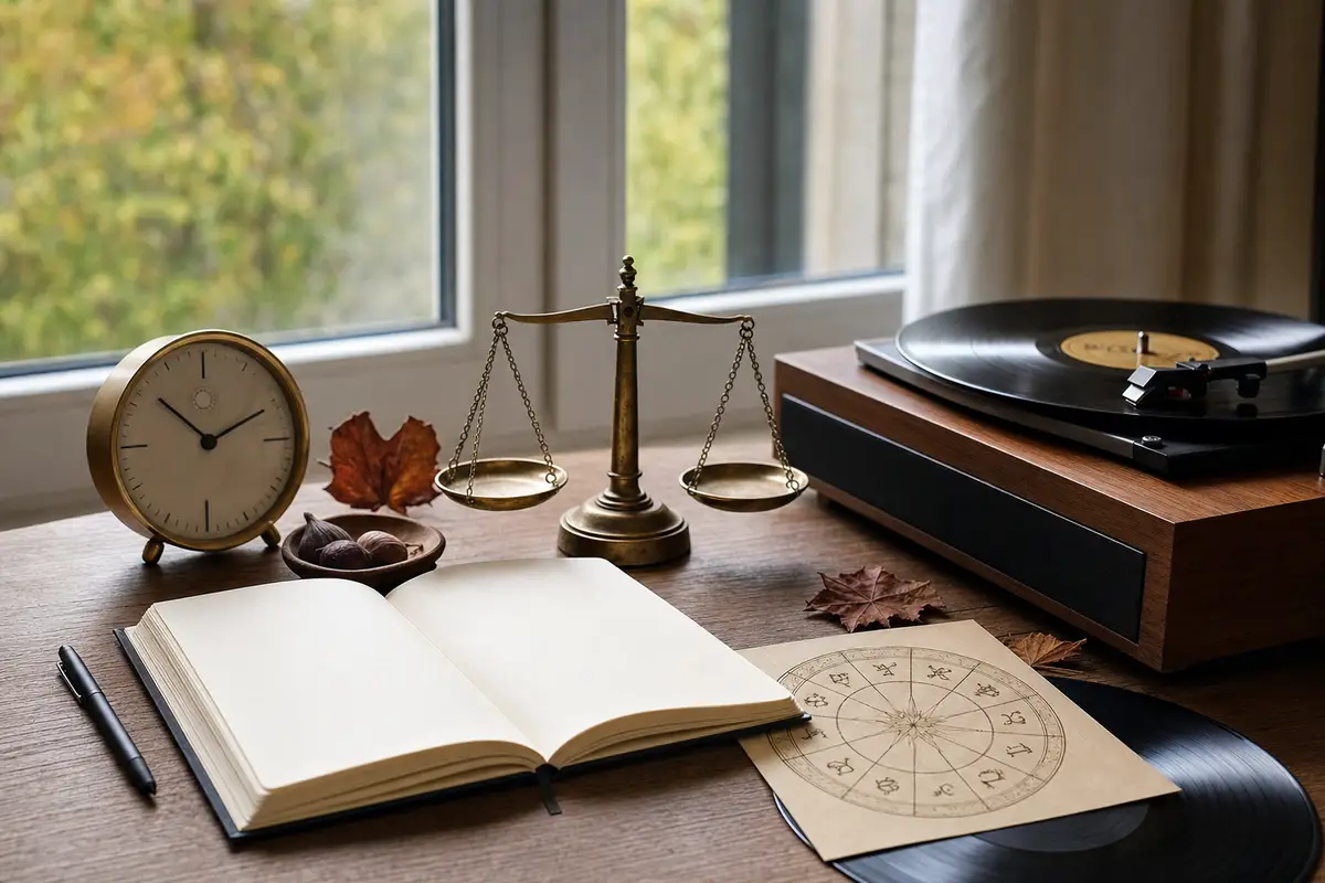 Tavolo vicino a una finestra con taccuino aperto, orologio analogico, bilancia in ottone e giradischi con vinile