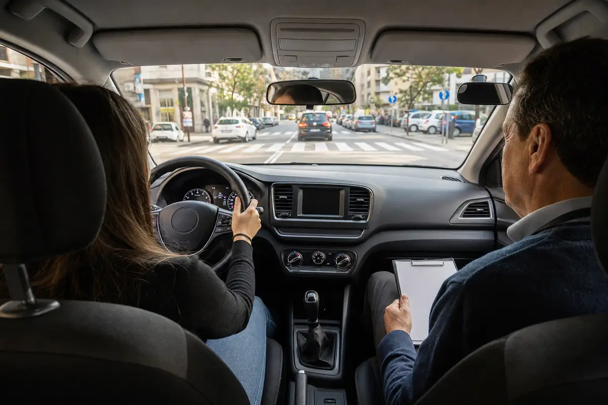 Lezione di guida in auto: allieva al volante e istruttore con blocco appunti su strada urbana