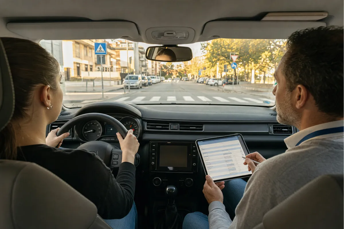 Allieva alla guida con istruttore in auto scuola; lui compila un tablet mentre davanti c’è un attraversamento pedonale