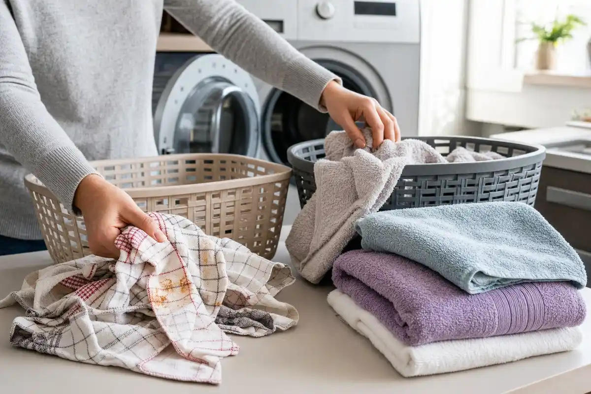 Mani che separano strofinacci da cucina macchiati e asciugamani da bagno vicino a una lavatrice aperta