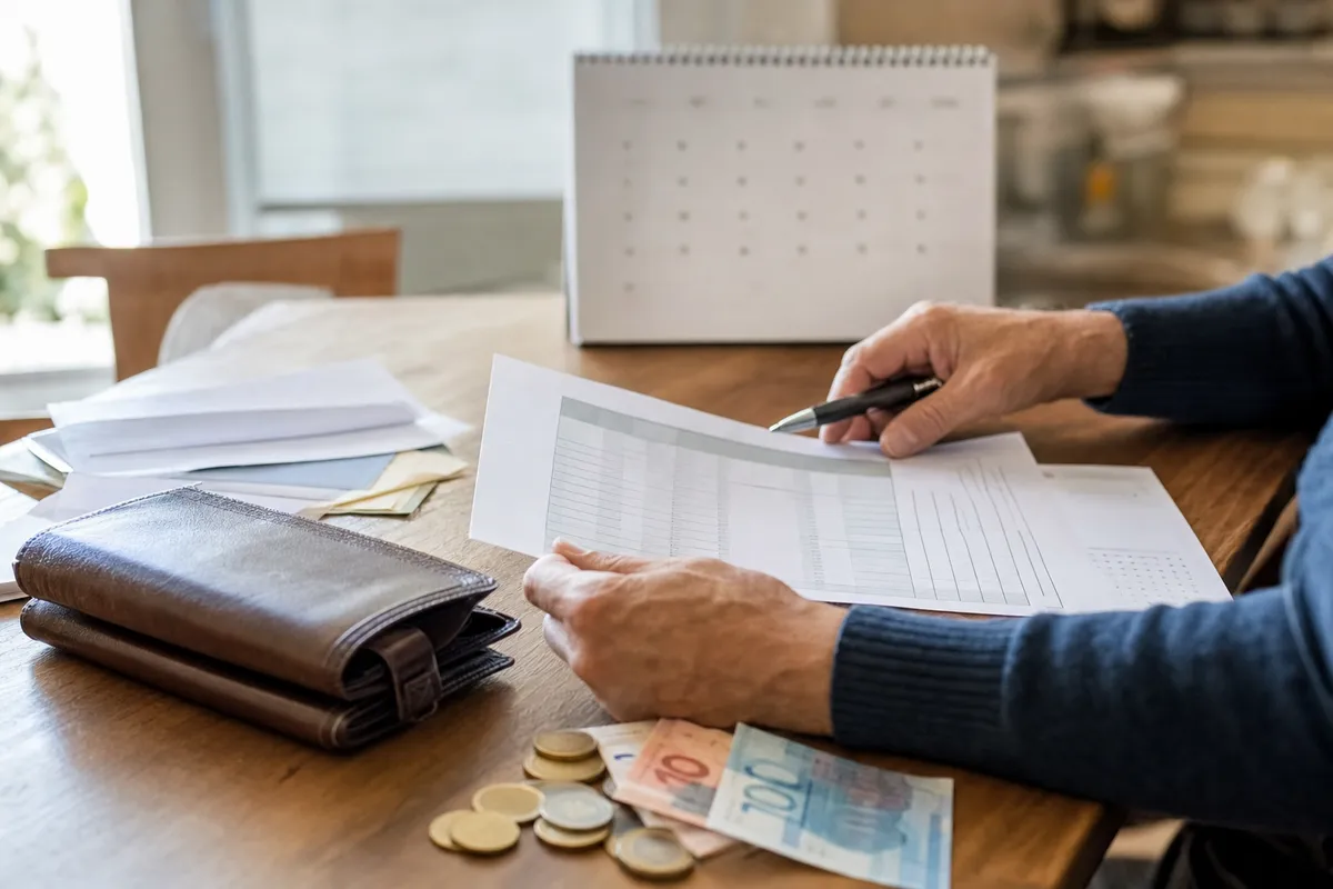 Mani che esaminano un foglio di calcolo su un tavolo, con portafoglio, banconote e monete in euro e calendario sfocato